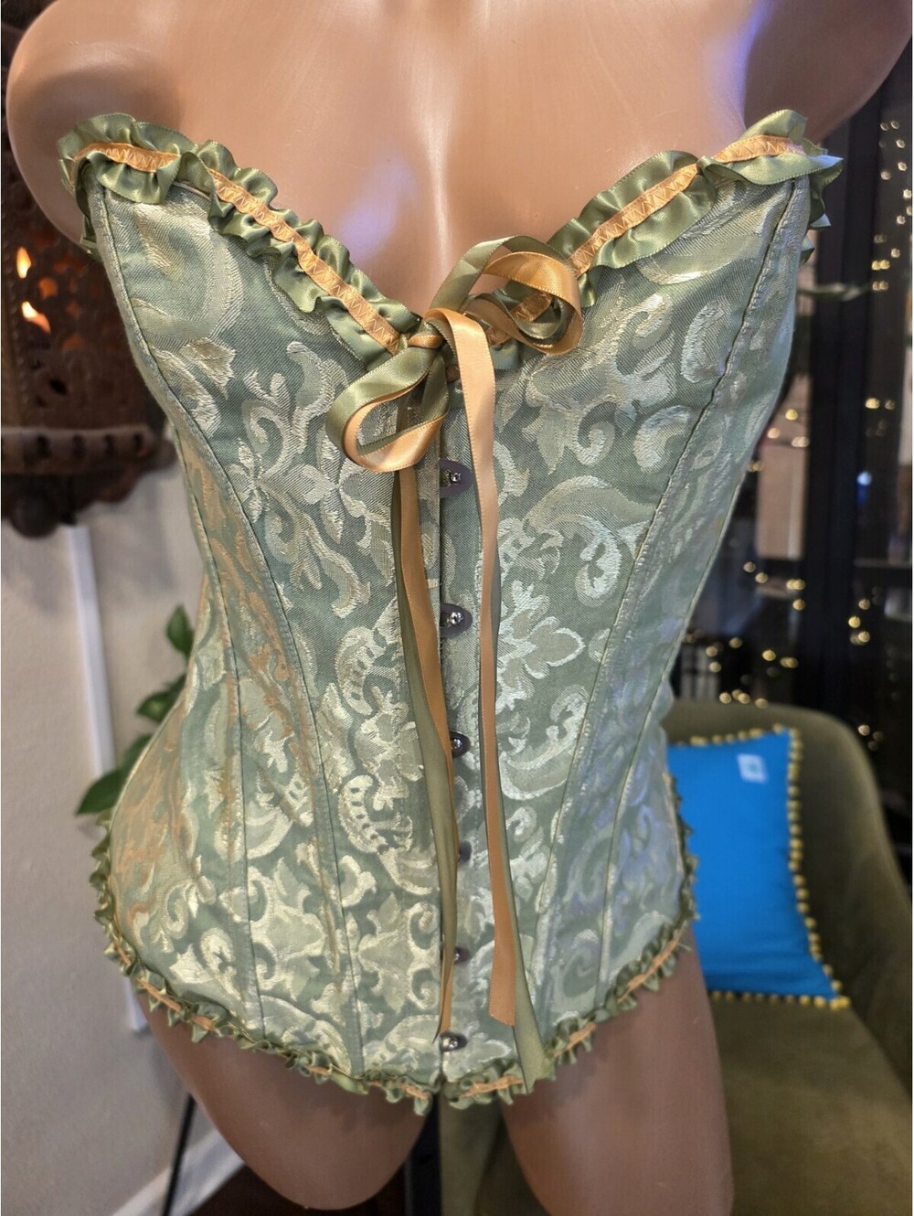 Fairycore Sage Green Jacquard Overbust Corset Top Ruffle Ribbon Trim Medium EUC